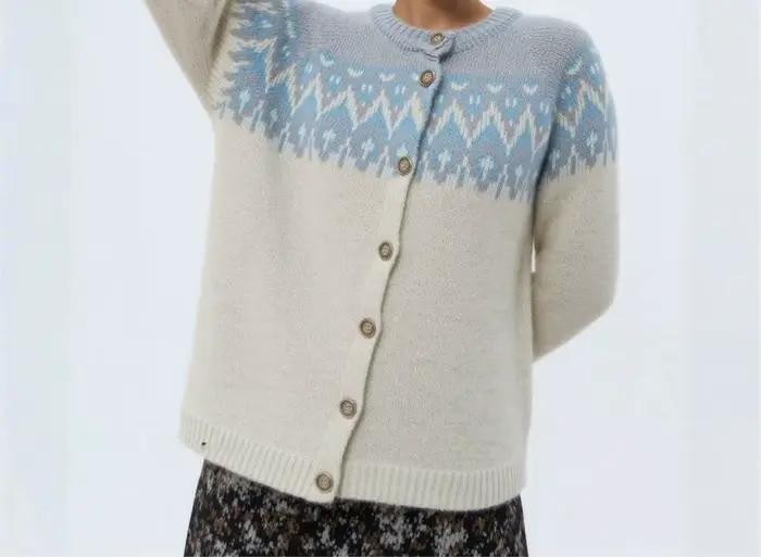 Cardigans européens et américains pour femmes, rétro Jacquard, vestes littéraires amples en tricot,