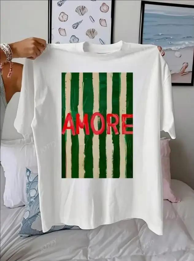 AMORE rayé motif artistique tenues d'été femmes décontracté col rond manches courtes femme t-shirts
