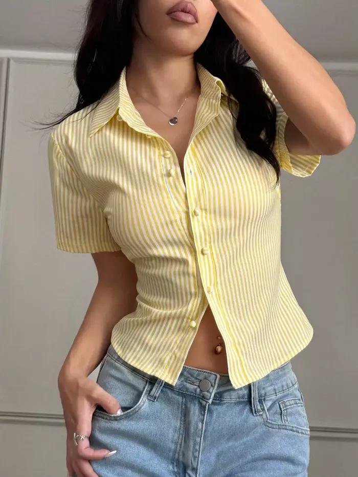 Chemise boutonnée à manches courtes rayée pour femme, style décontracté Y2K, col rabattu, coupe ajus