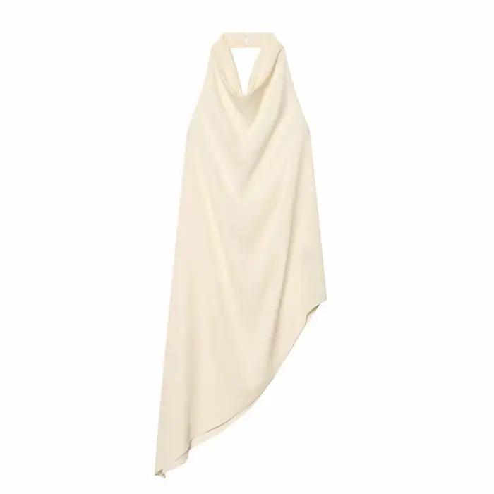 Haut asymétrique élégant en satin pour femme, col suspendu, dos nu, sans manches, pour soirée, coule