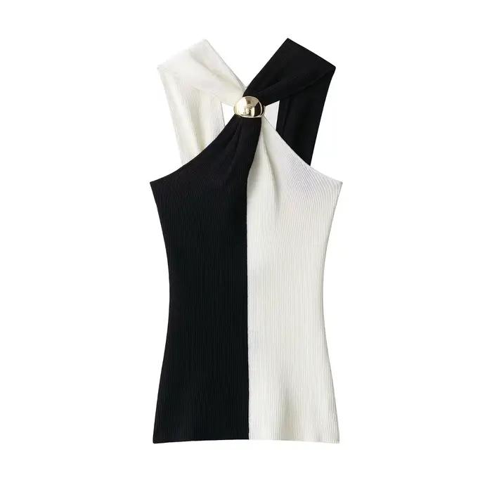 HH femmes été nouvelle mode Chic tricoté hauts col suspendu sans manches dos nu femme Sexy mince hau
