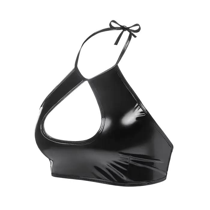 Haut sexy en cuir verni souple à haute brillance, col licou, gilet en cuir PU, frais et doux, sangle