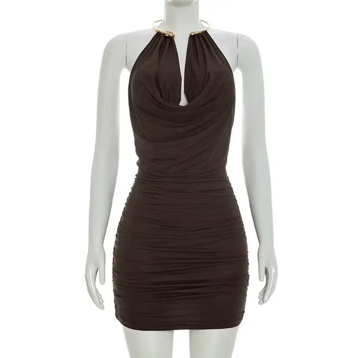 Robe Courte Sexy Halter Col V pour Femme, Tenue Y2K de Soirée et Club, Froncée, Sans Manches, Dos Nu