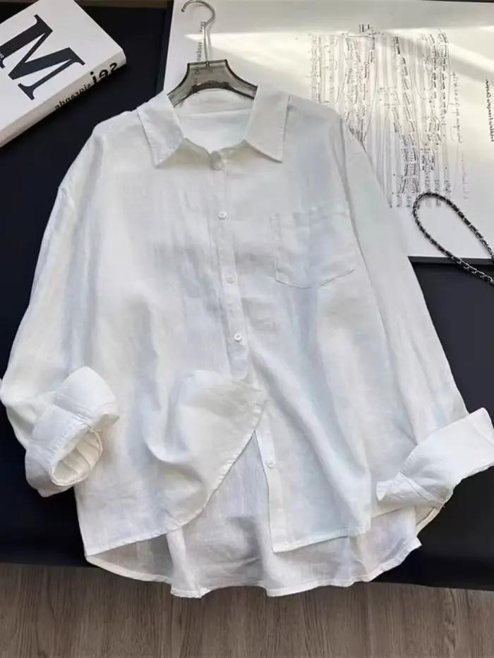 Chemise en lin bleue pour femme, été, fine, ample, en coton et lin, manches longues, protection sola