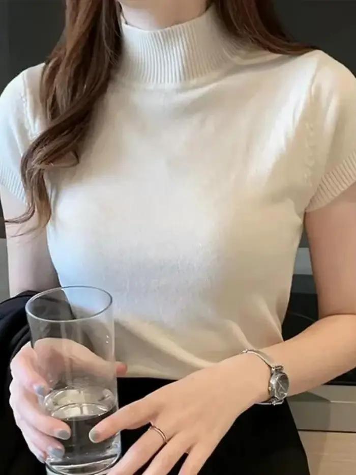 T-Shirt à col mi-haut pour femmes, pull à la mode, hauts décontractés, Style coréen, vêtements éléga