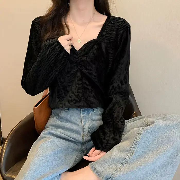 Chemise à manches longues et col en V pour femme, haut chic, design français, chemise de niche, nouv