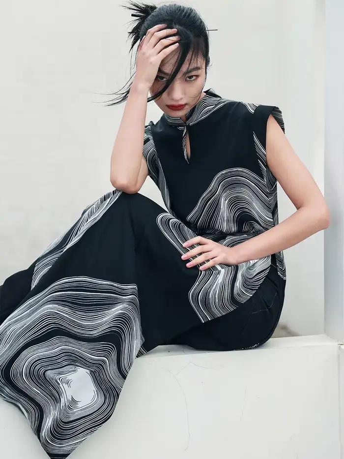 UMI MAO-Jupe à fente haute de style chinois pour femme, haut en mousseline imprimée sombre, style na