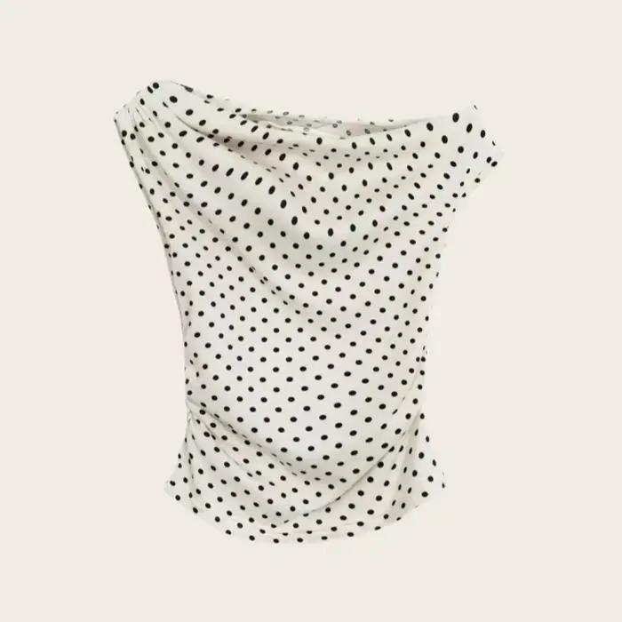 T-shirt d'été style coréen rétro ivoire noir à pois coupe ajustée à manches courtes et épaules dénud