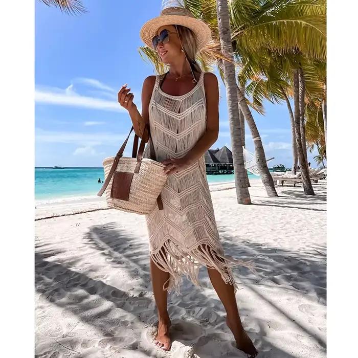 Tunique blanche en Crochet pour femmes, Cover-up pour Bikini, robe ajourée, Sexy, vêtements d'été tr