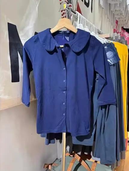 Bleu marine bouton BabyDoll hauts femmes coton décontracté col rabattu demi manches T-shirts femme Y
