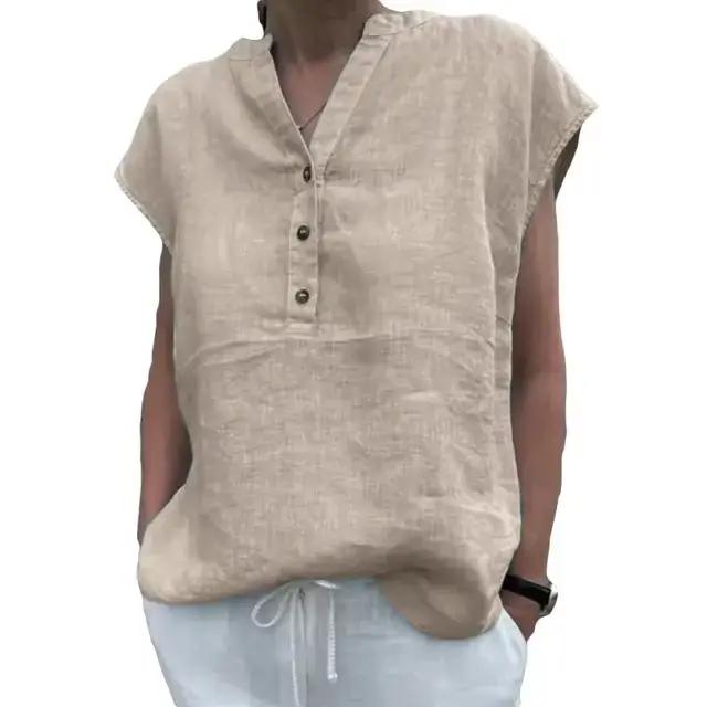 Femmes T-shirt coton lin été Blouse couleur unie Simple à manches courtes col en V séchage rapide vê