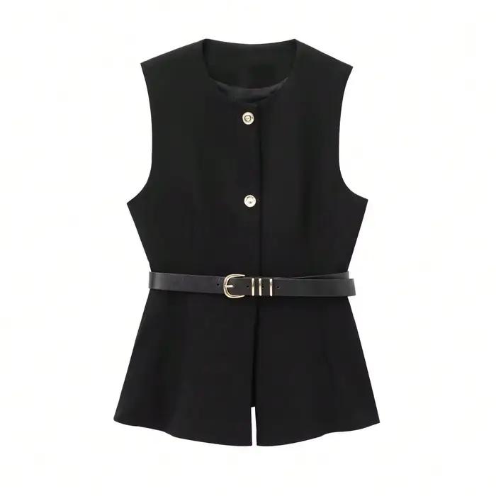 Gilet noir pour femme HH avec ceinture, sans manches, col rond et boutons dorés – Idéal pour le styl