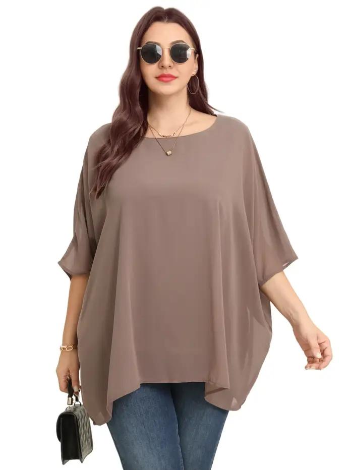Chemisier à manches chauve-souris en mousseline de soie pour femme, élégant, grande taille, col rond