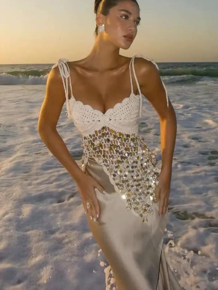 BKQU Débardeurs en crochet Y2K à sequins pour femmes, d'été, à nouer, à bretelles spaghetti, col en