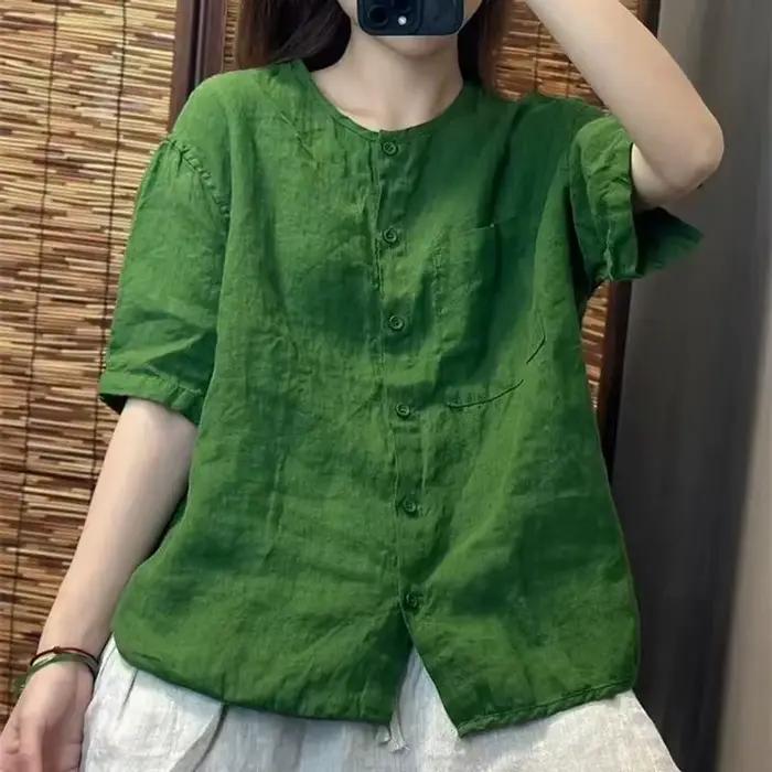 Chemise femme 2025 printemps été coton et lin col rond rétro dames Blouse solide réduction de l'âge