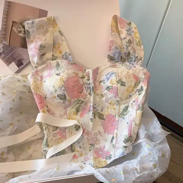 Haut Court artificiel astique Rose à Imprimé Floral pour Femme, Vêtement Sexy, Design Pur, Abonné au