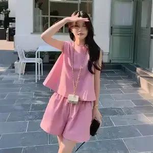 Ensemble décontracté 2 pièces pour femme : débardeur sans manches et short large rose uni