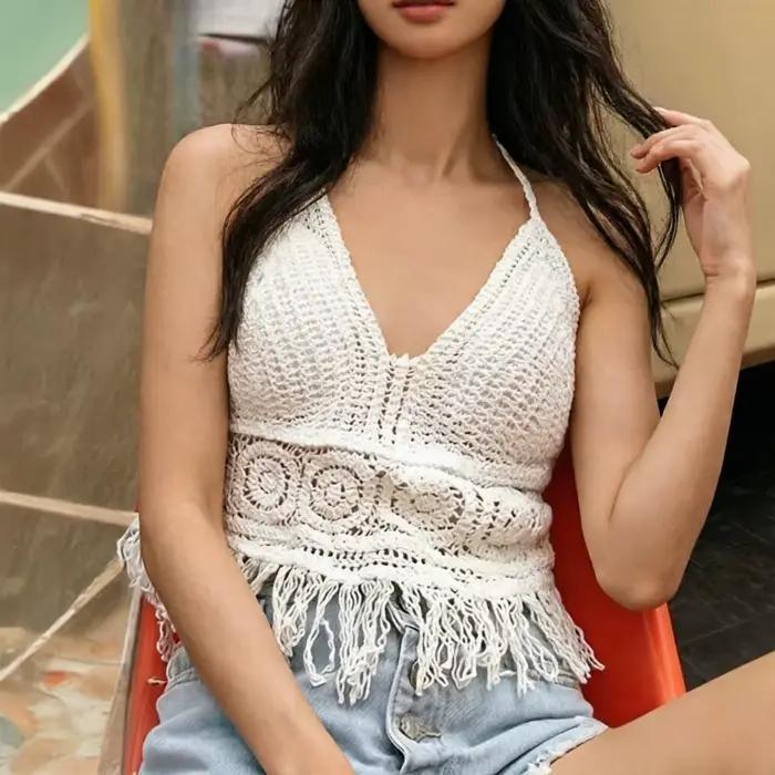 Débardeur sexy en crochet pour femme, corset court, camisole ajourée avec coussinets intégrés, brale