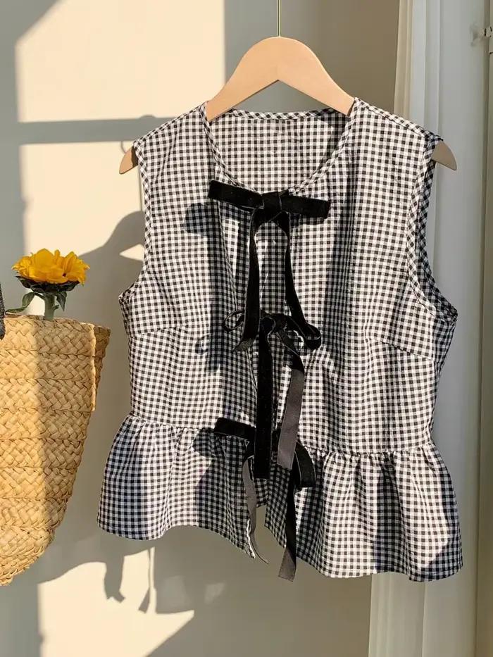 Chemisier sans manches à motif écossais pour femme – Élégant et décontracté pour l'été – Style Y2K S