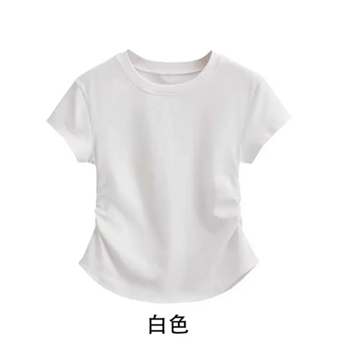 T-shirt blanc en coton à col rond et manches courtes pour femme, haut court sexy, coupe ajustée, bas
