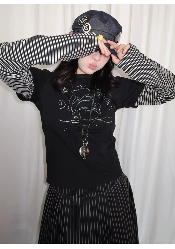 Tonngirl Y2k T-shirt Vintage femmes à manches longues Patchwork japonais années 2000 Grunge hauts St