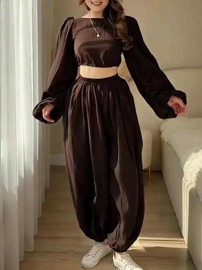 Ensemble deux pièces marron pour femme, haut court et pantalon lantern, tenue décontractée