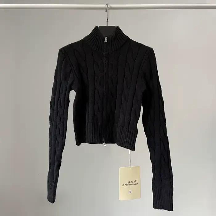 YOZOU-Haut court à col roulé avec fermeture éclair double face, cardigan vintage, tricots bleus, pul