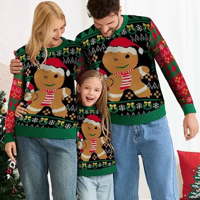 Chandails de noël en pain d'épice pour hommes et femmes, pull en tricot vert à manches longues, conf