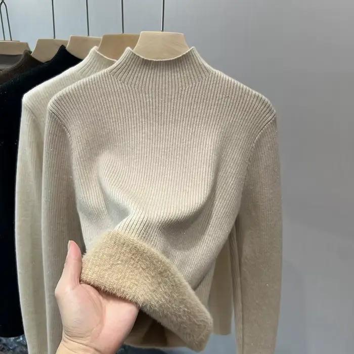 Hiver chaud femmes pull pull solide élégant tricoté hauts mode demi col haut vêtements de sport