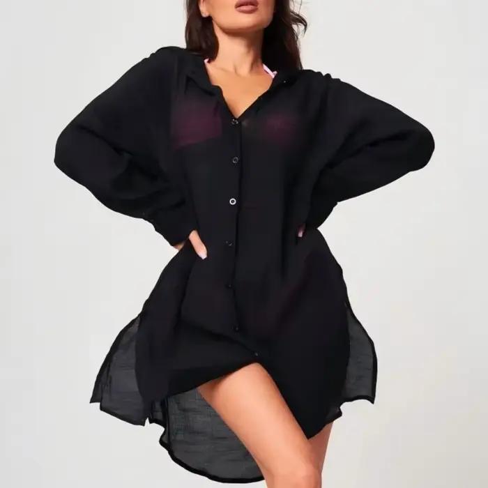Robe tunique bohème à manches longues boutonnée, couleur unie, chemisier oversize, tenue de plage, c