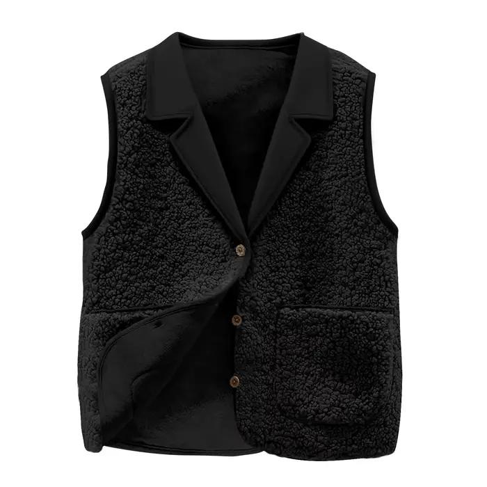 Gilet polaire Sherpa pour femmes, col à revers, bouton sur le devant, poches, manteau chaud décontra