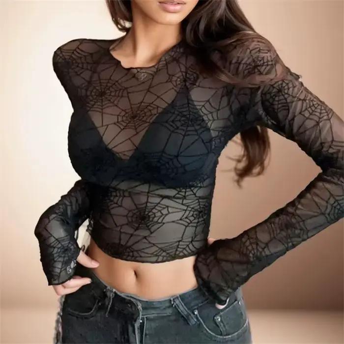 Haut court à manches longues en fil de maille d'araignée, Sexy, fée noire, vêtements Grunge, Transpa