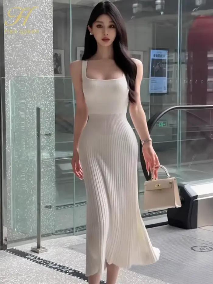 H Han Queen – robe blanche tricotée pour femmes, sans manches, col en v, douce et élastique, mi-long