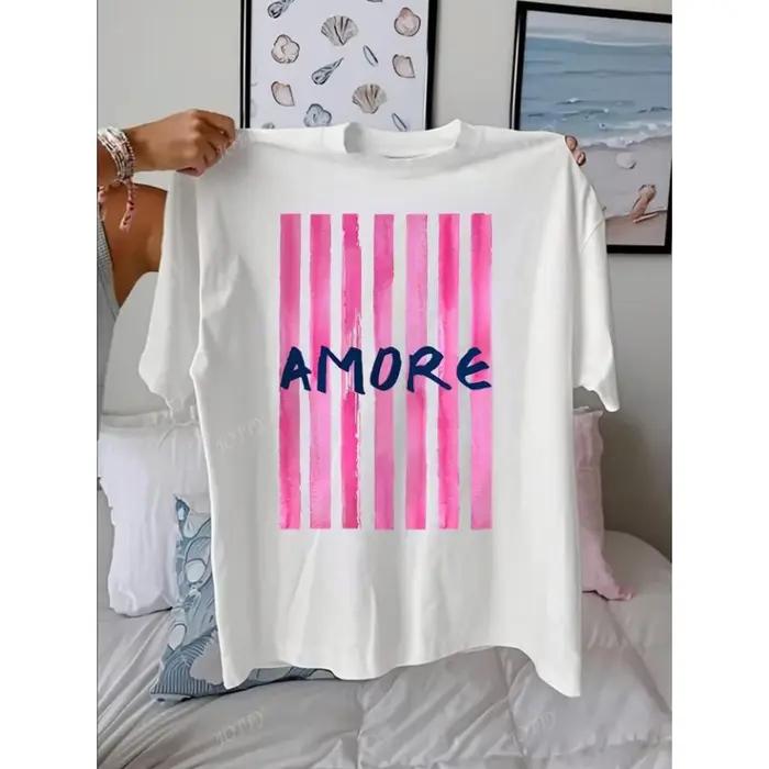 AMORE rayé motif artistique tenues d'été femmes décontracté col rond manches courtes femme t-shirts