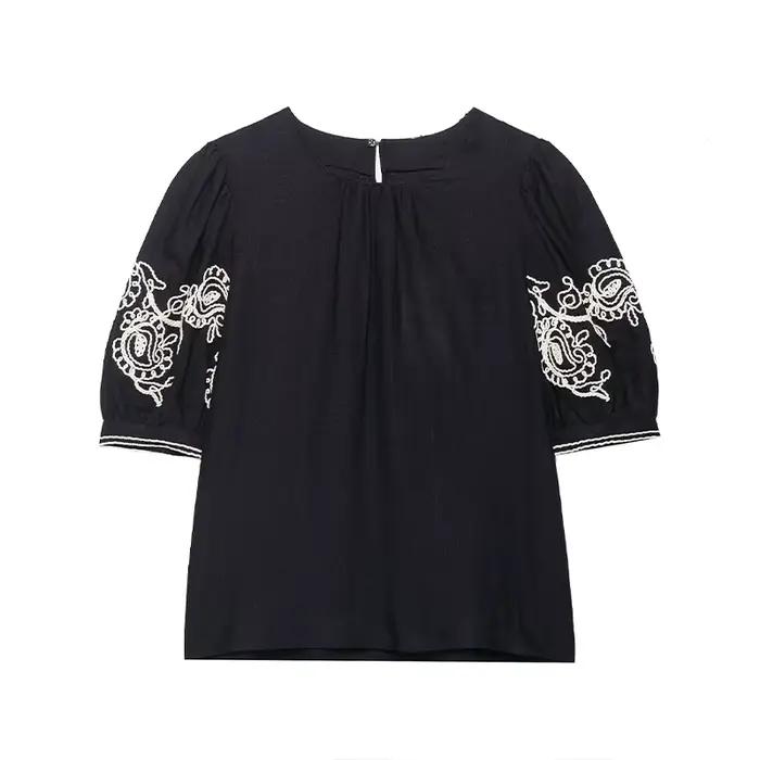 Mode brodé haut pantalon 2 pièces ensemble femmes élégant col rond manches courtes haut pantalon dro