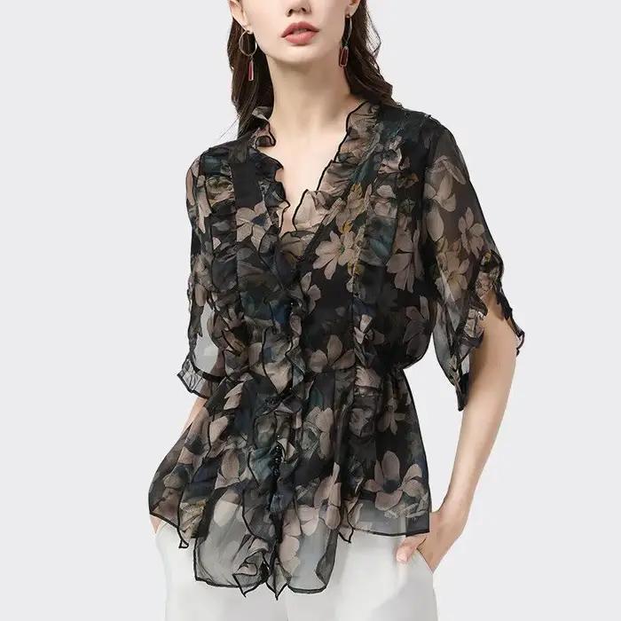 Chemise en mousseline de soie florale pour femmes au printemps et en automne 2025, nouvelle et popul