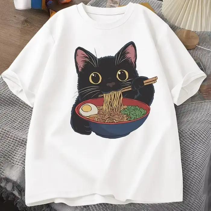 T-shirt japonais Ramen Cat - Haut à manches courtes avec dessin animé mignon exclusivement destiné a