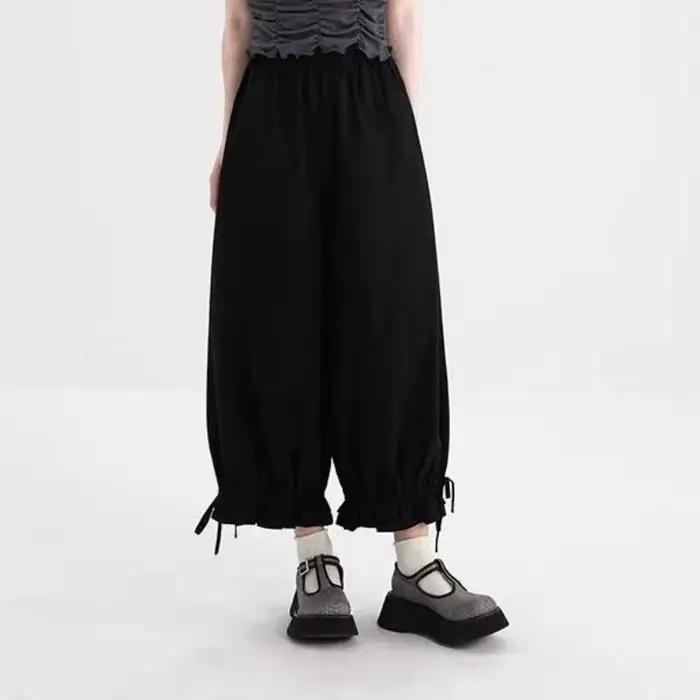 Pantalon large à taille haute noir pour femmes, avec cordon de serrage, ourlet à volants, pantalon d