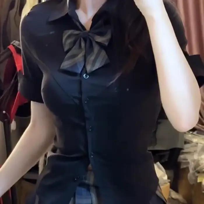Chemises et chemisiers pour femmes, Sexy, été, manches courtes, haut court noir boutonné, jolie tuni
