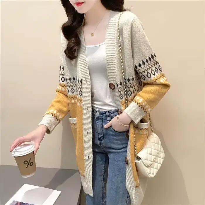 Pull tricoté graphique femme Long nouveau en tricots haut au Crochet porter au travail coréen Street