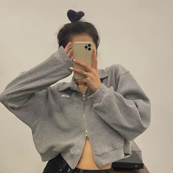 PVD-Col Rabattu à Fermeture Éclair pour Femme, Streetwear Court, Solide, Harajuku, Décontracté, Vint