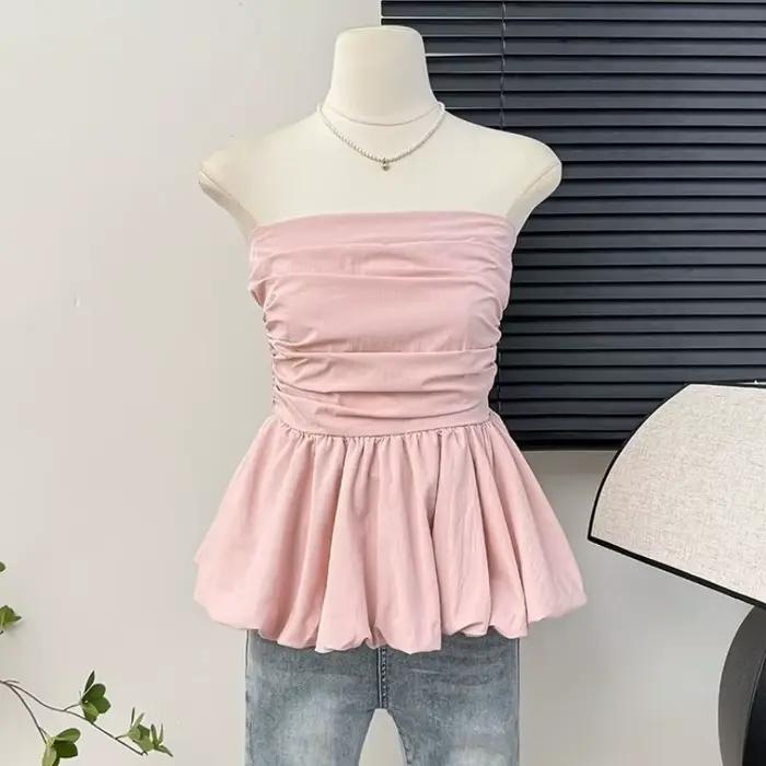 Haut court sans manches à col bateau et volants, style coréen chic, coupe ajustée, décontracté, pour