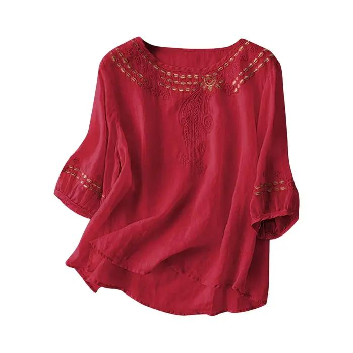 T-shirts en coton et lin pour femmes, broderie rétro, tunique d'été ample à manches 3/4, chemisiers