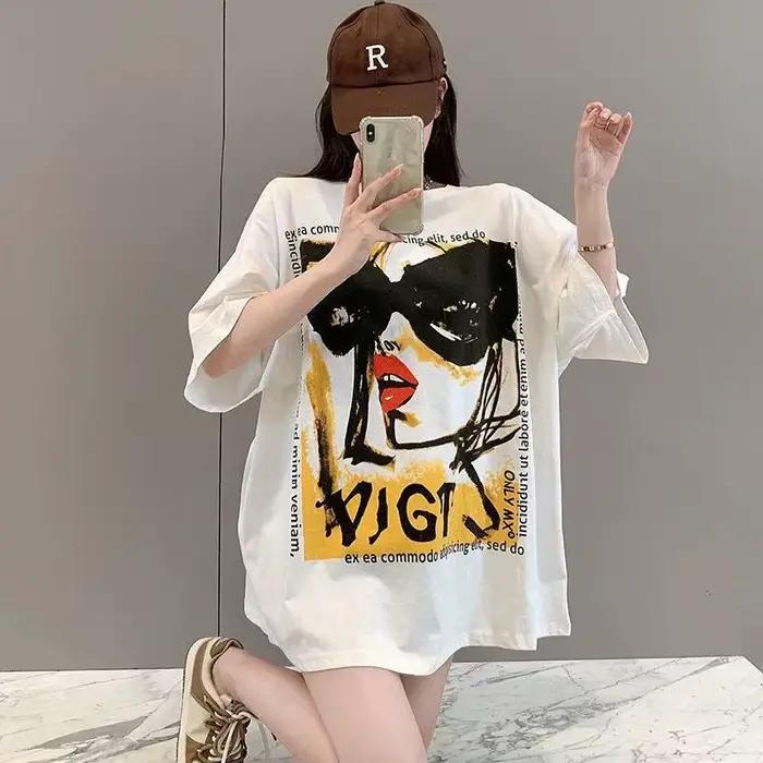 100% coton T-Shirt femmes tendance mode perles T-Shirt coréen dessin animé à manches courtes hauts f