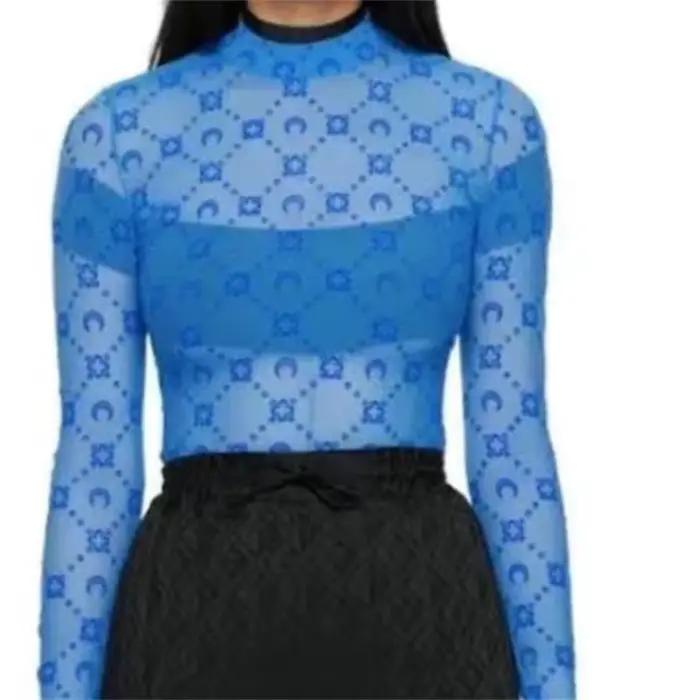 Haut à manches longues en maille de Tulle pour femmes, T-Shirt floqué de lune, chemisier transparent