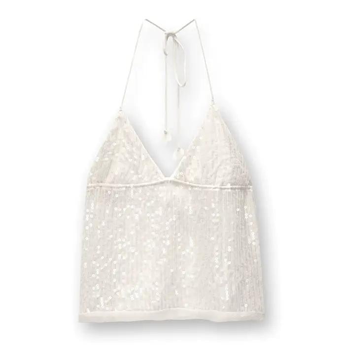 Débardeur à paillettes pour femmes, col en v, à nouer, col licou, gilet décontracté, été, sans manch