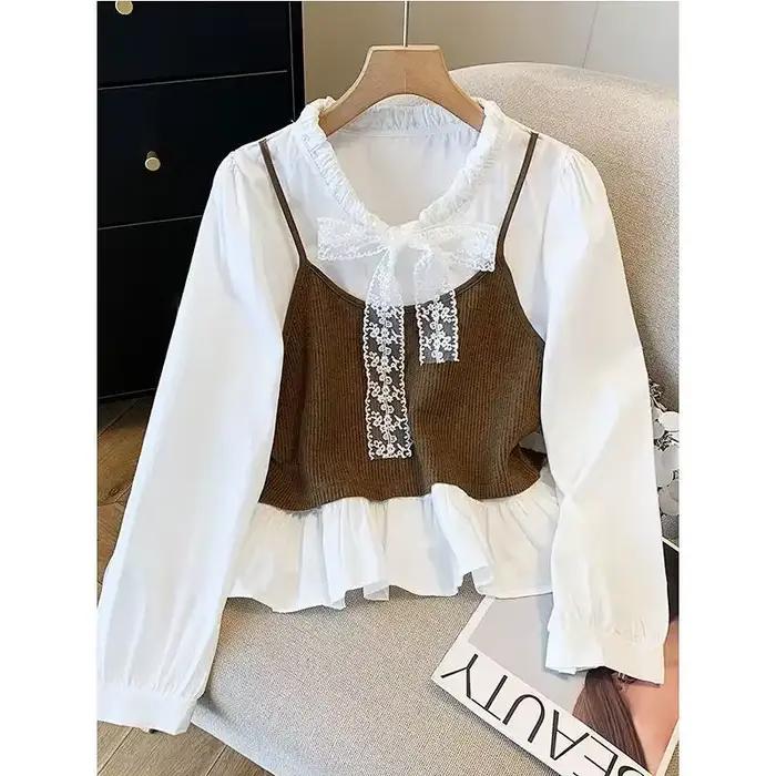 Ensemble chemise et camisole côtelée marron pour femme, chemisier blanc à volants