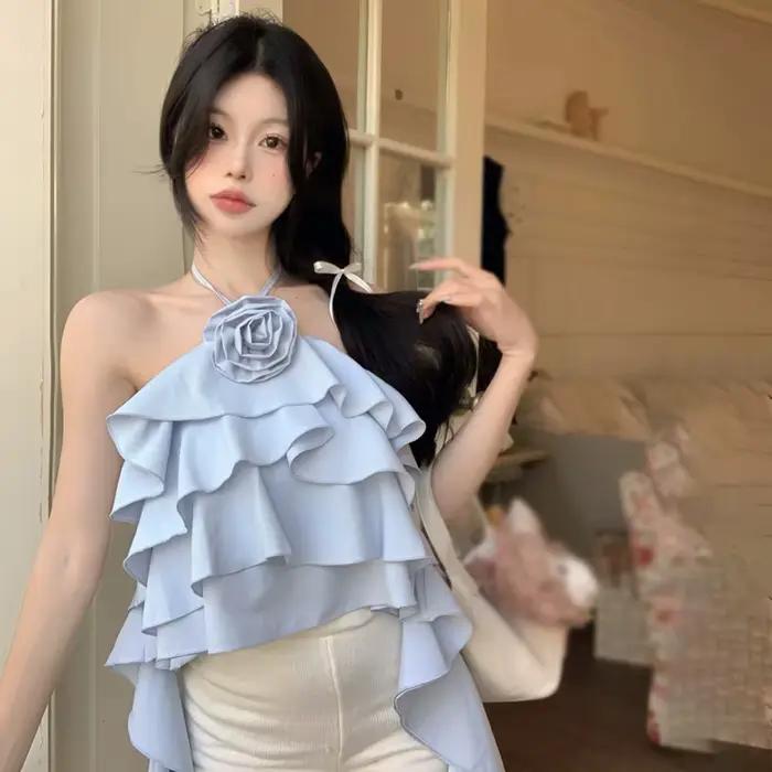 Débardeur chic à fleurs 3D pour femme, haut court, col licou, chemisiers décontractés