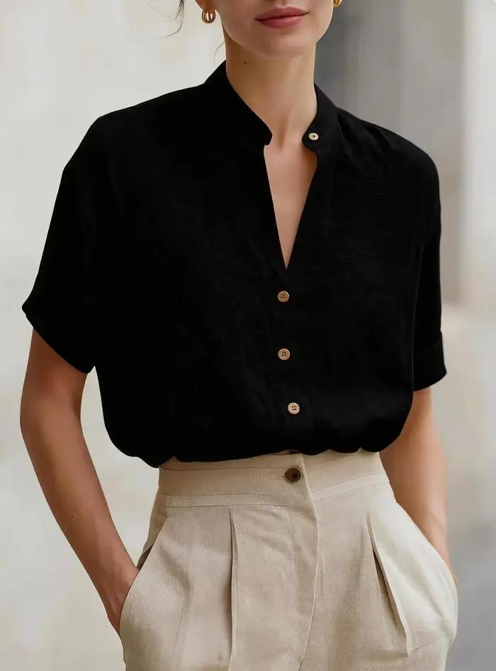Chemise à manches courtes boutonnée pour femme, col montant, col en V, effet lin, haut décontracté p