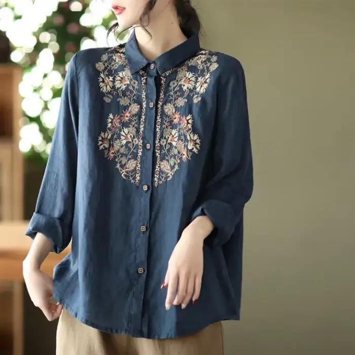 Chemisiers Rétro pour Femmes, Chemise Nationale en Coton et Lin, Blouse Ample Brodé à Col Revers, Ca